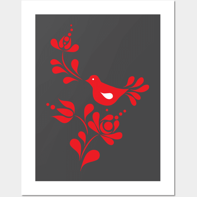 Spring bird and flower in red illustration Wall Art by GalfiZsolt